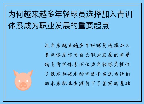 为何越来越多年轻球员选择加入青训体系成为职业发展的重要起点